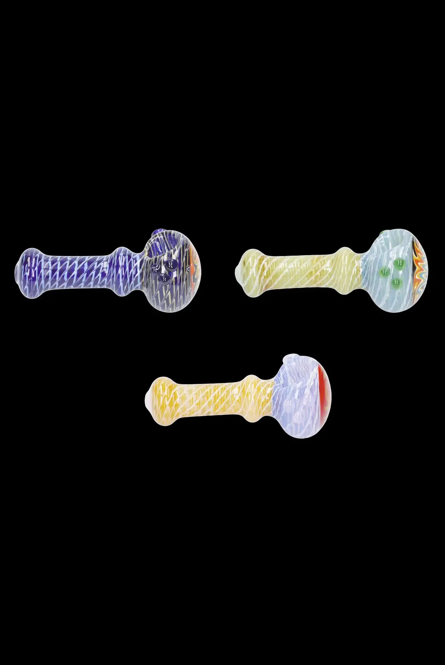 Colorful glass pipes arranged on a black background.
