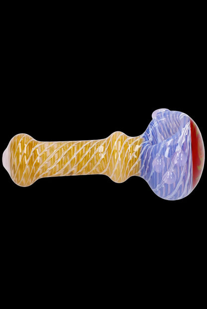 Glass pipe with twisted yellow and blue patterns.