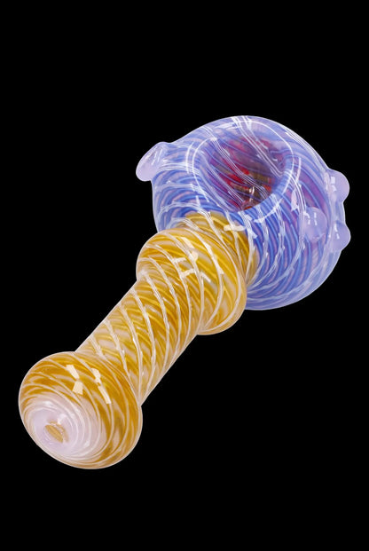 Hand-blown glass pipe with blue and amber swirls.