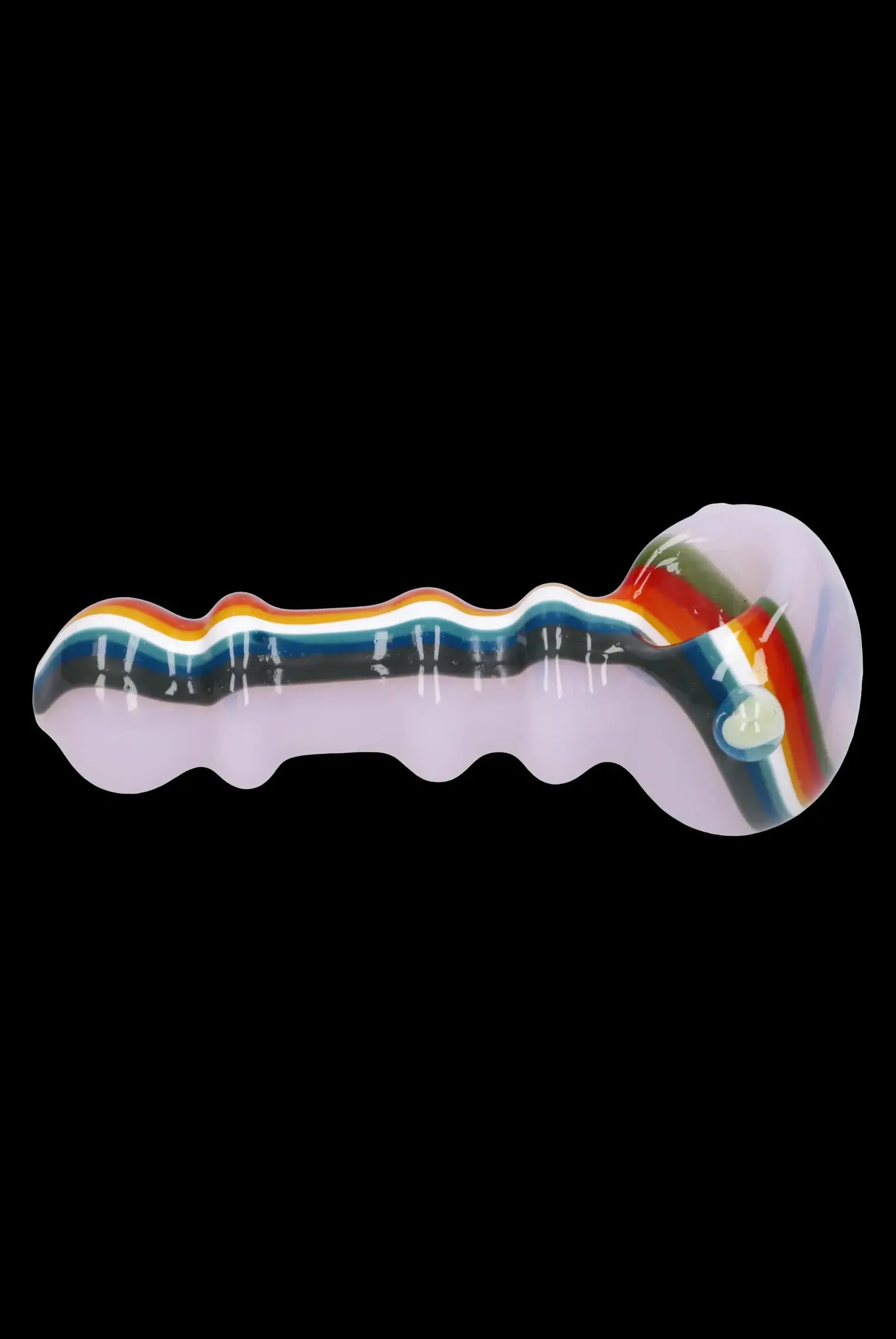 Glass cannabis pipe with rainbow swirl detailing.