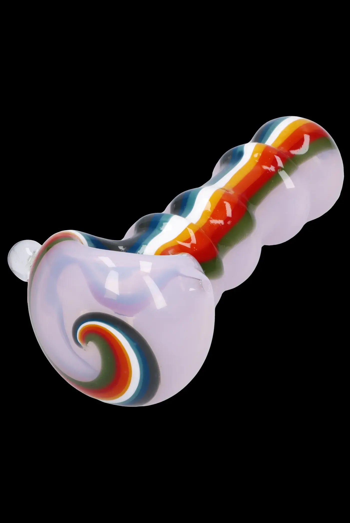 Iridescent glass pipe with colorful swirls and textured grip.