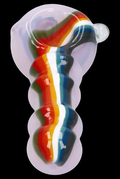 Hand-blown glass pipe with vibrant red, blue, and green swirls.