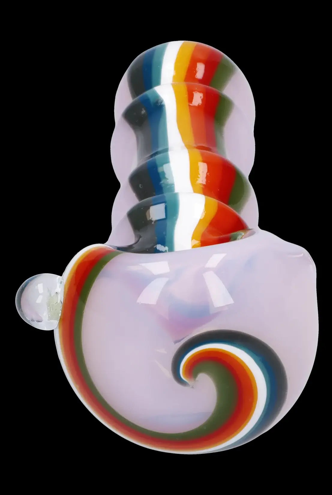 Iridescent glass bubbler with rainbow striping and swirling mouthpiece.