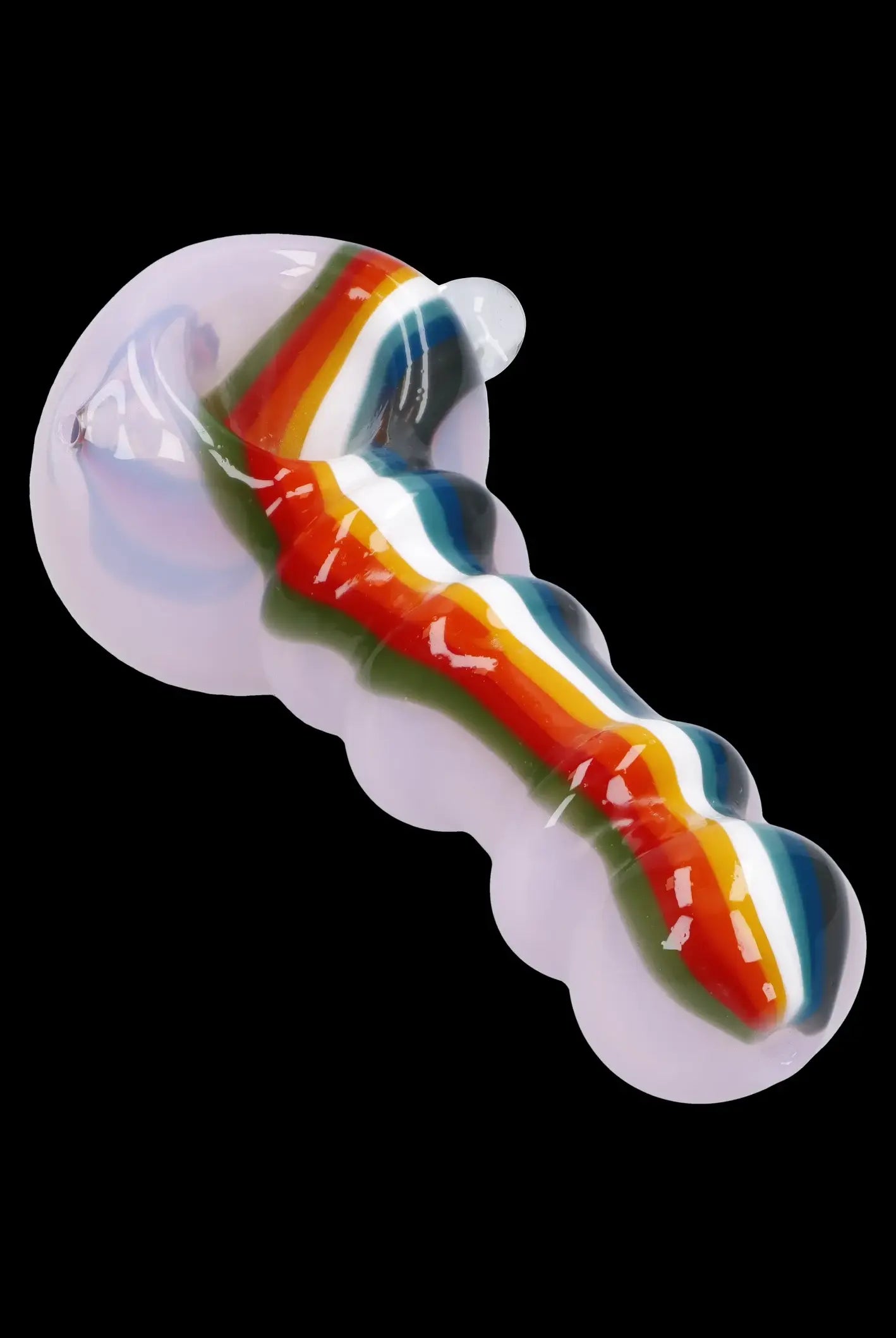Glass cannabis pipe with colorful swirls.