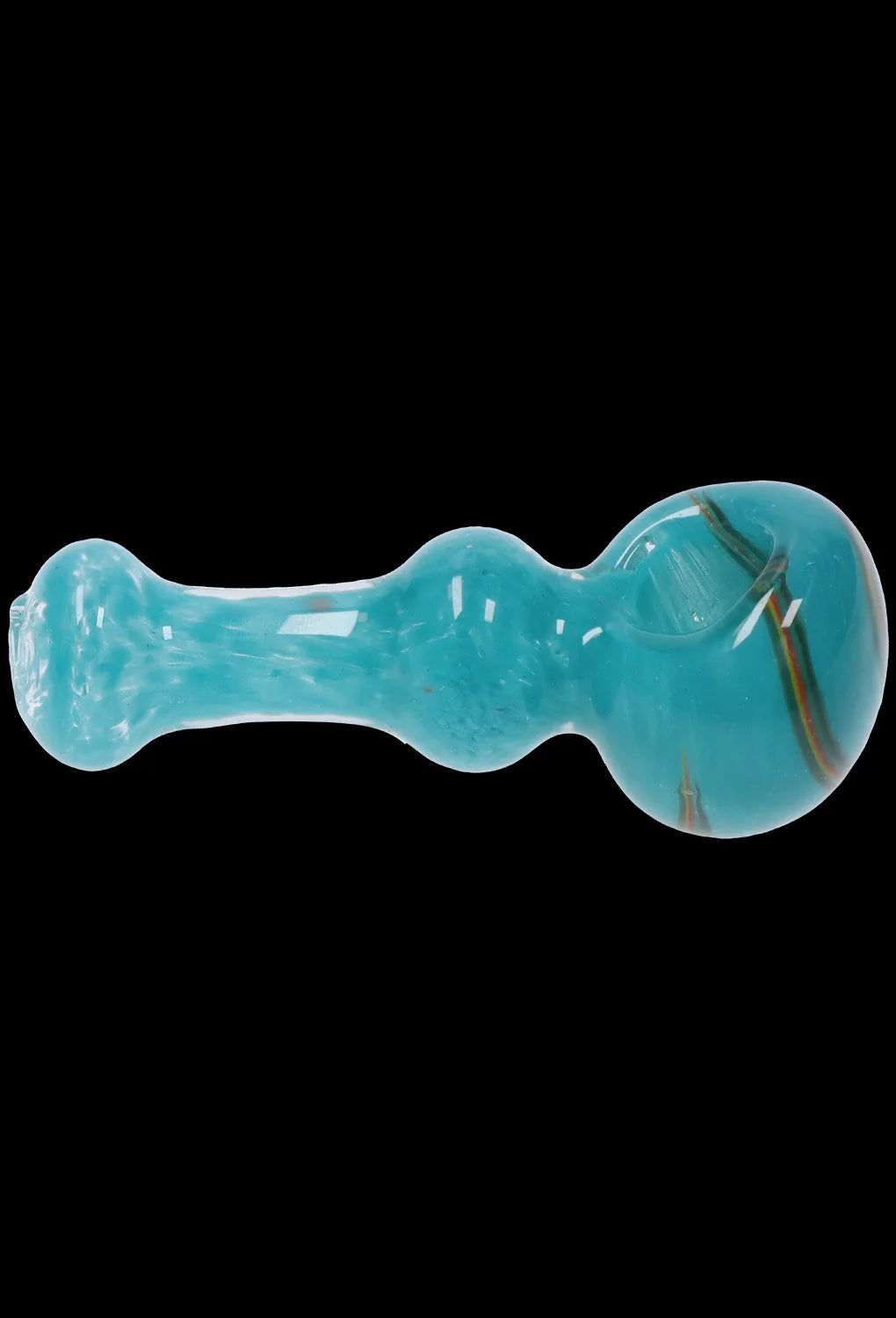 Turquoise glass pipe with rainbow-colored accents, isolated on a black background.