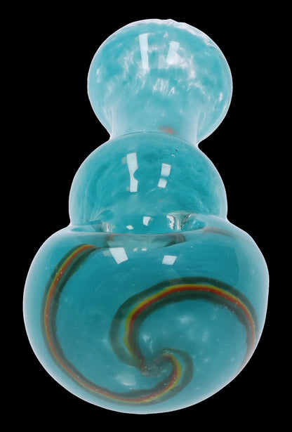 Blue glass bubbler with rainbow swirl.