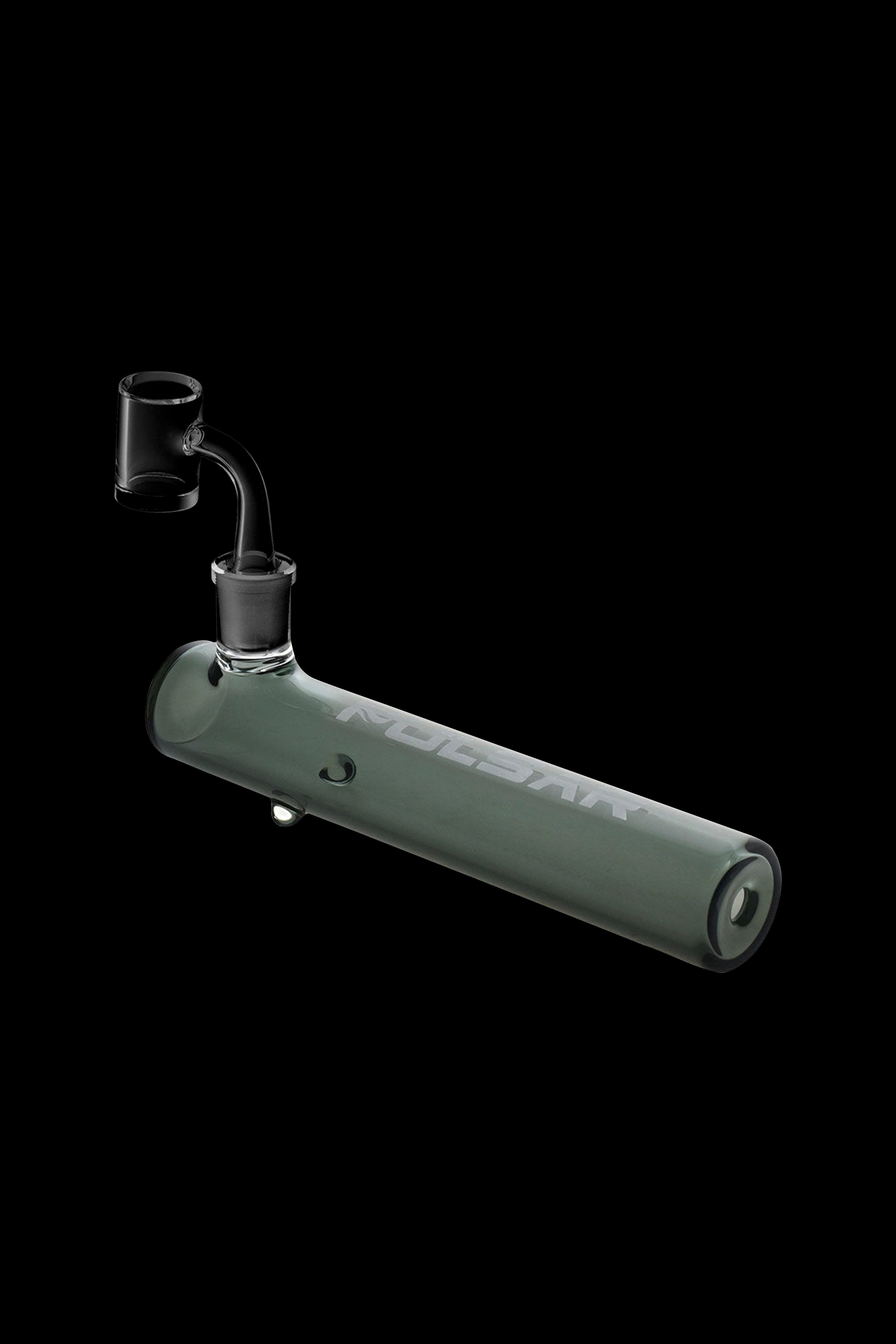 Green glass oil rig with a bent neck and domeless nail, isolated on a black background.