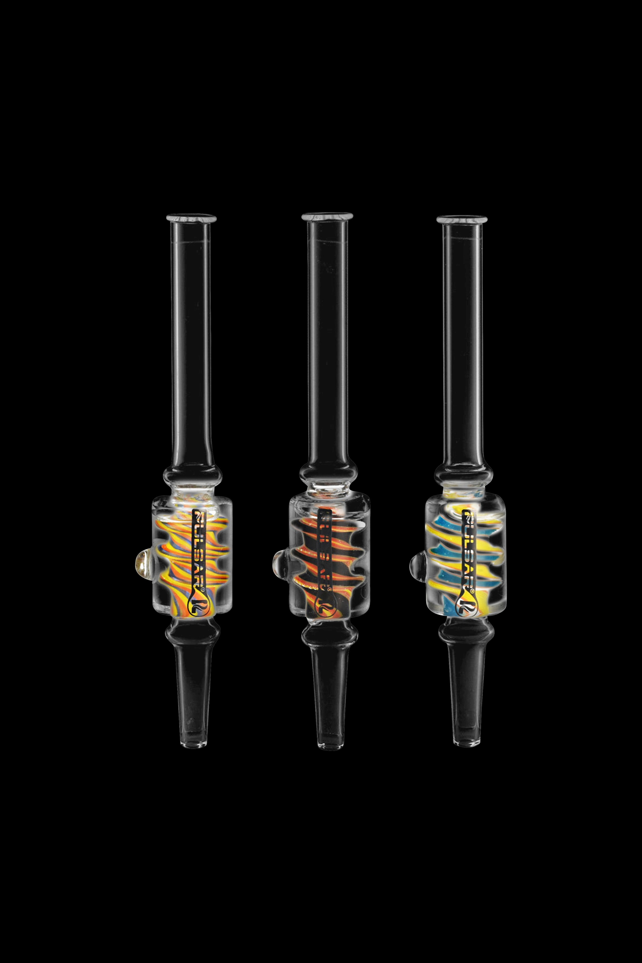 Three glass oil rigs with colorful accents against a black background.