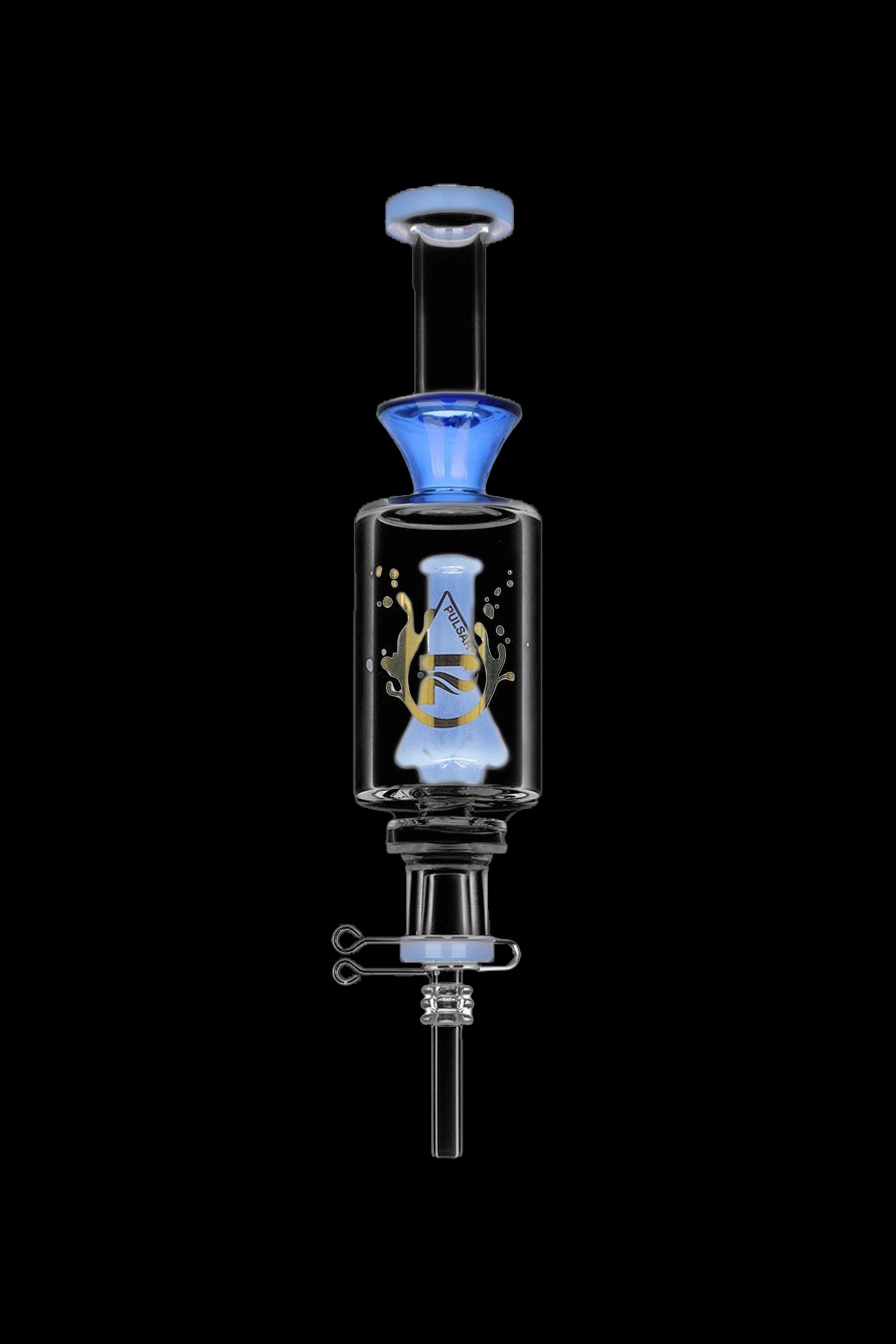 Glass dab rig with blue accents and a quartz insert, isolated on a black background.