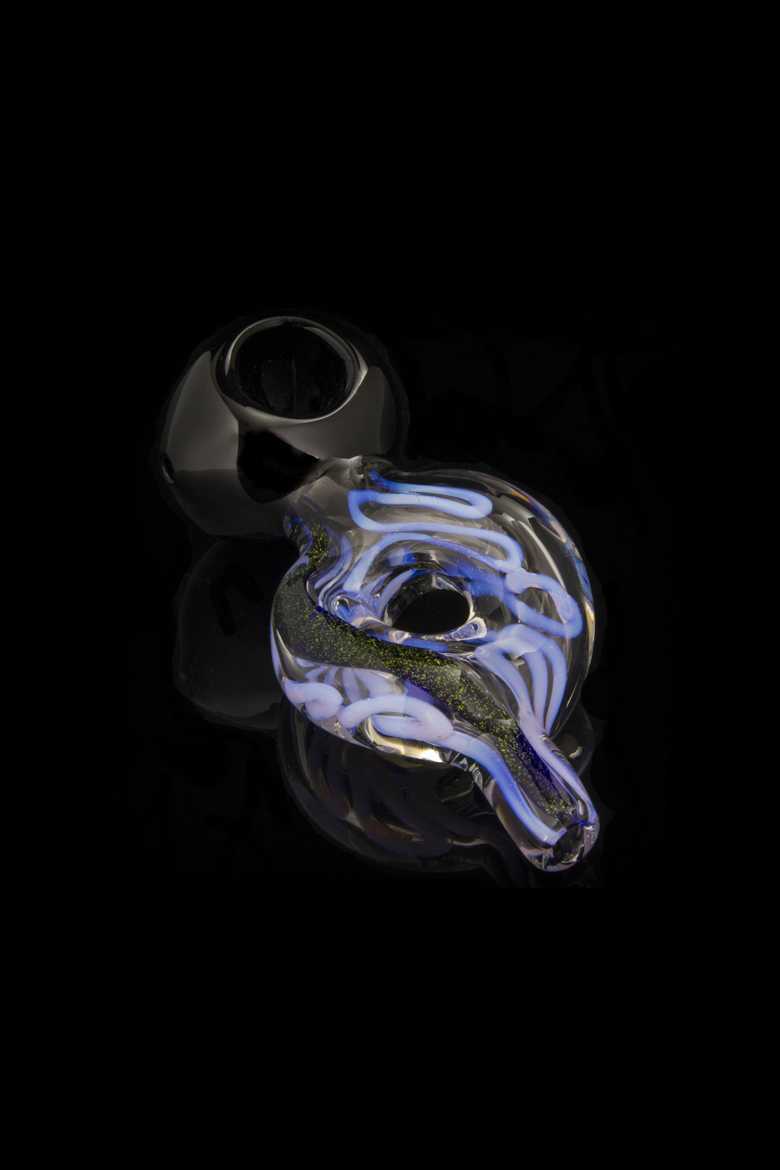 Hand-blown glass cannabis pipe with blue and white swirls against a black background.