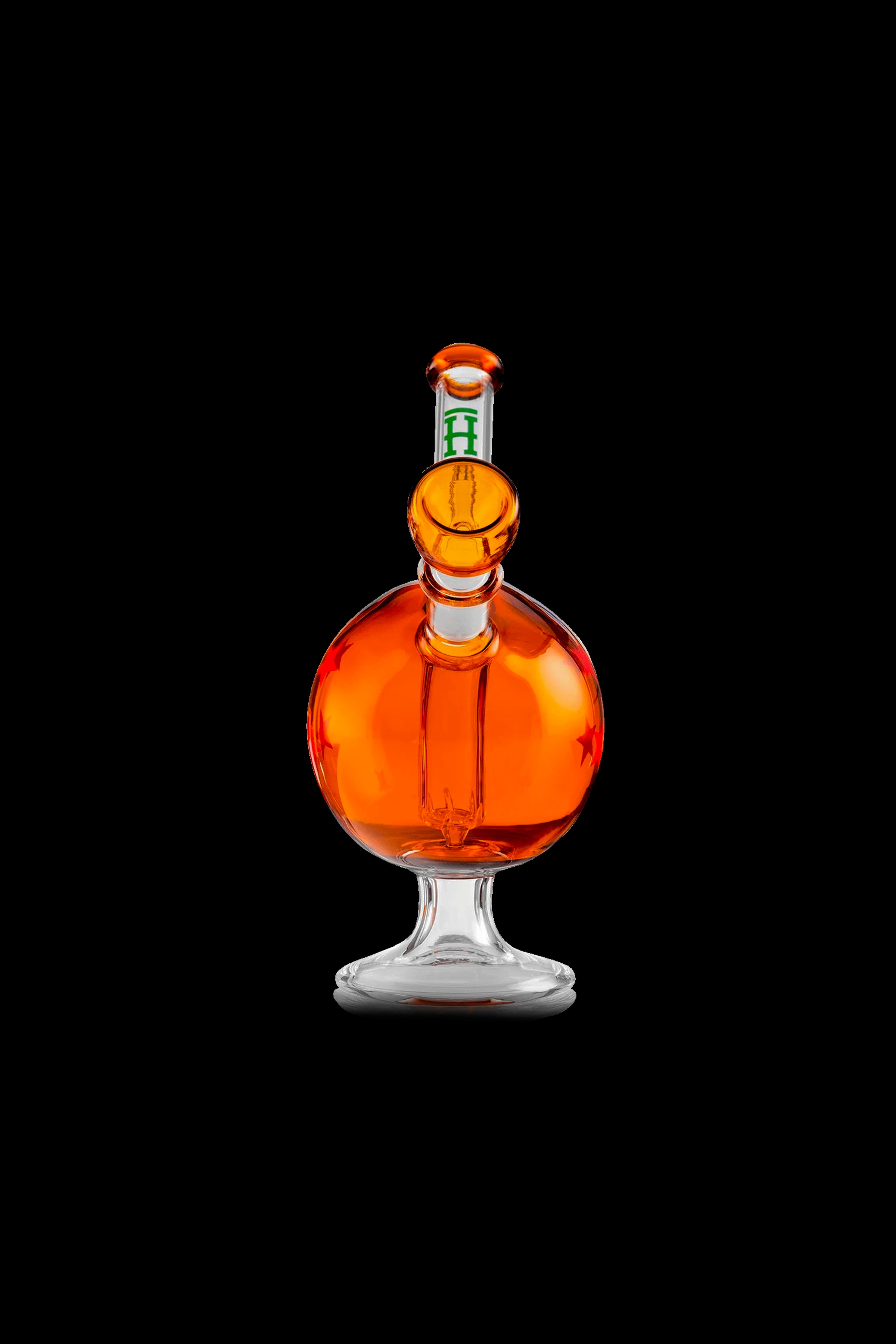 Orange glass water pipe with a flared mouthpiece, isolated on a black background.