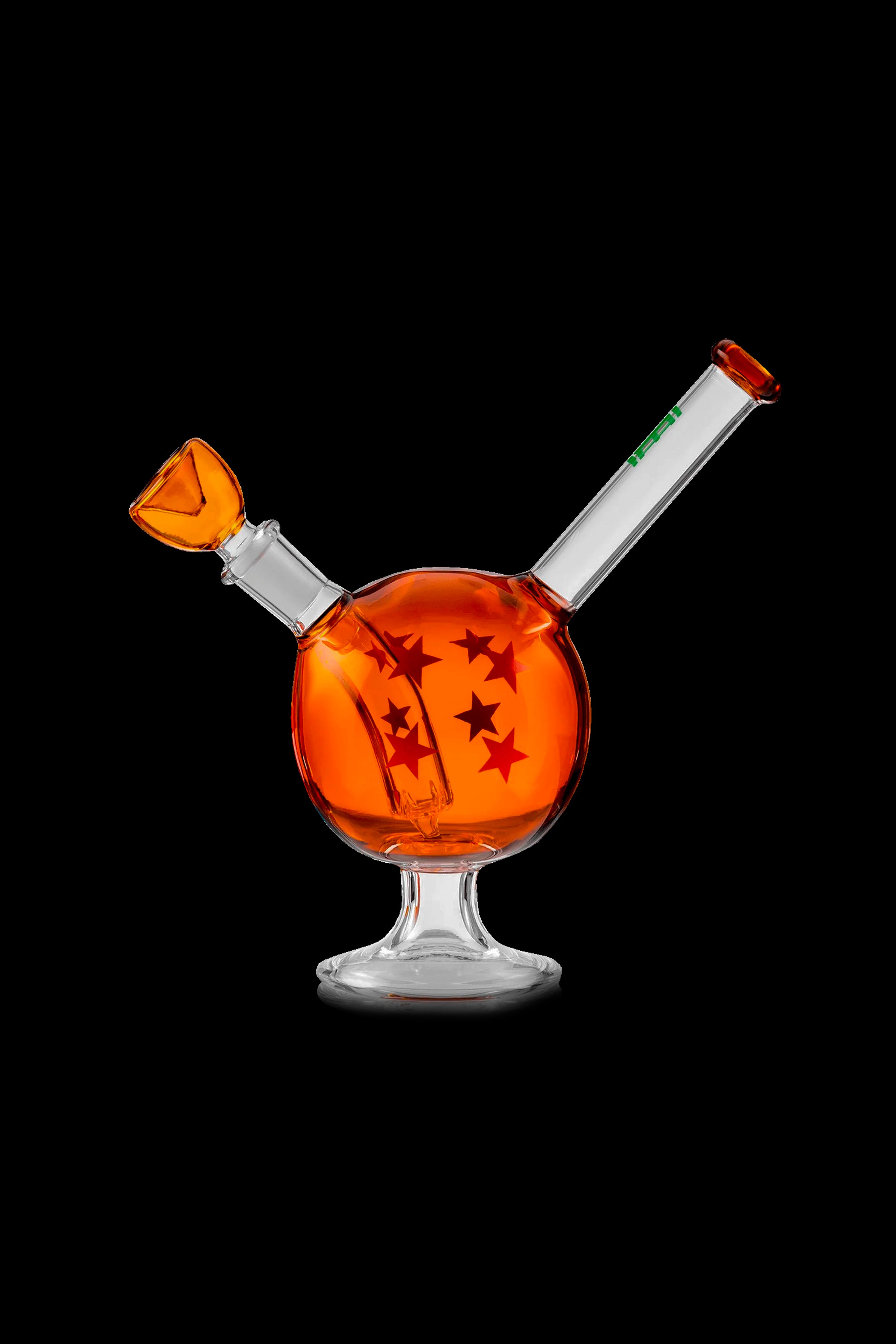 Orange glass bubbler with star detailing, isolated on a black background.