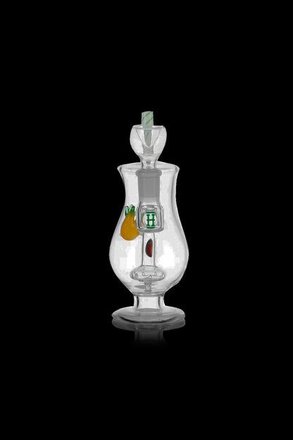Clear glass water pipe with a pumpkin and leaf design, featuring a branded “H” logo.
