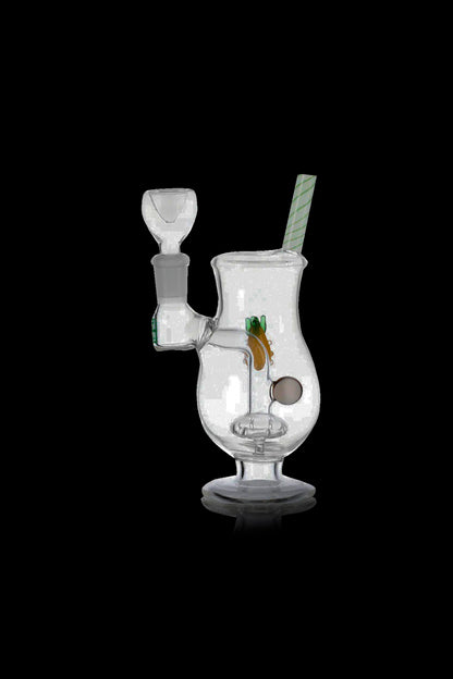 Clear glass bubbler water pipe with colorful glass accents, against a black background.