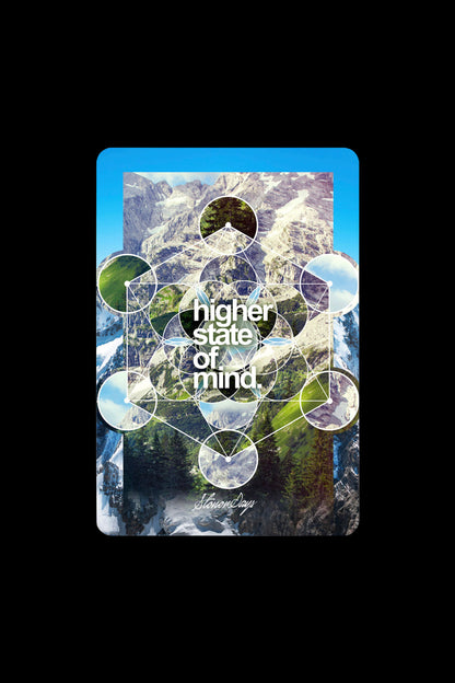 A vibrant digital artwork featuring a mountainous landscape overlaid with geometric patterns and the text "higher state of mind."