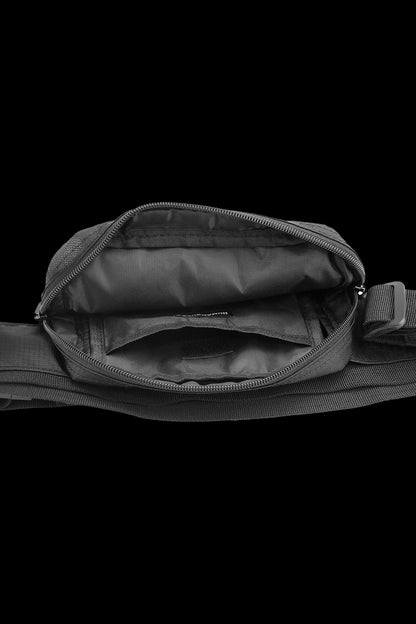 Black cannabis accessories sling bag with open compartment.