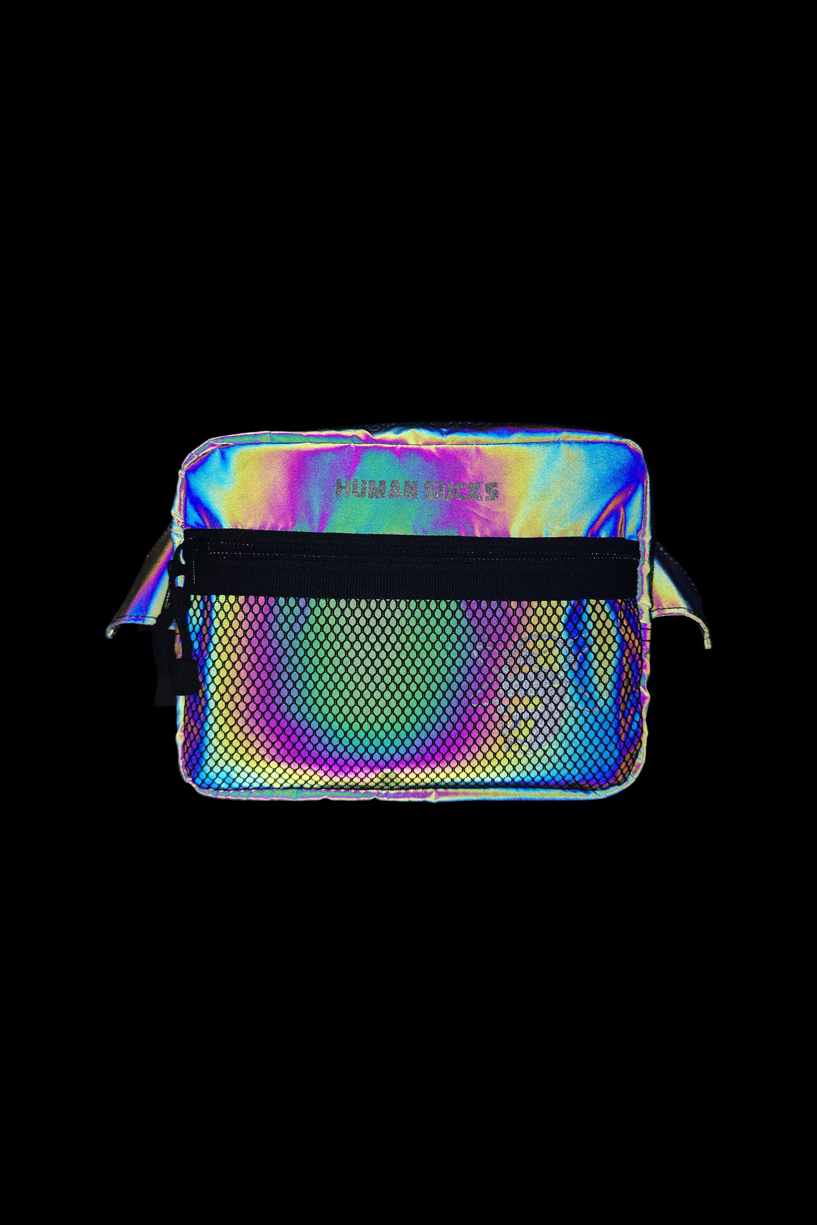 Iridescent cannabis smell-proof bag with mesh netting and a zipper closure.