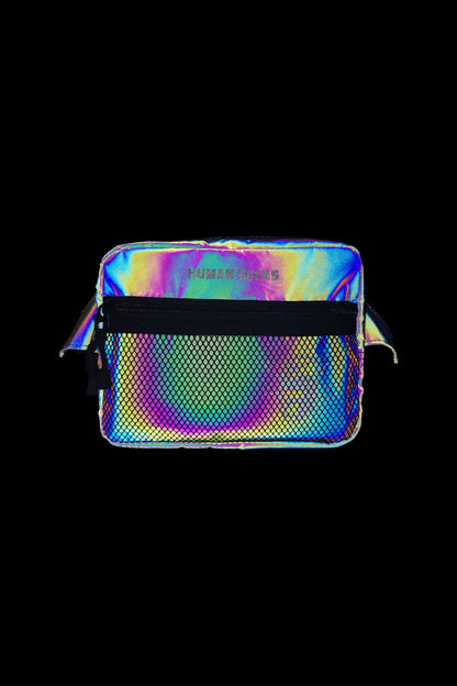 Iridescent cannabis smell-proof bag with mesh netting and a zipper closure.