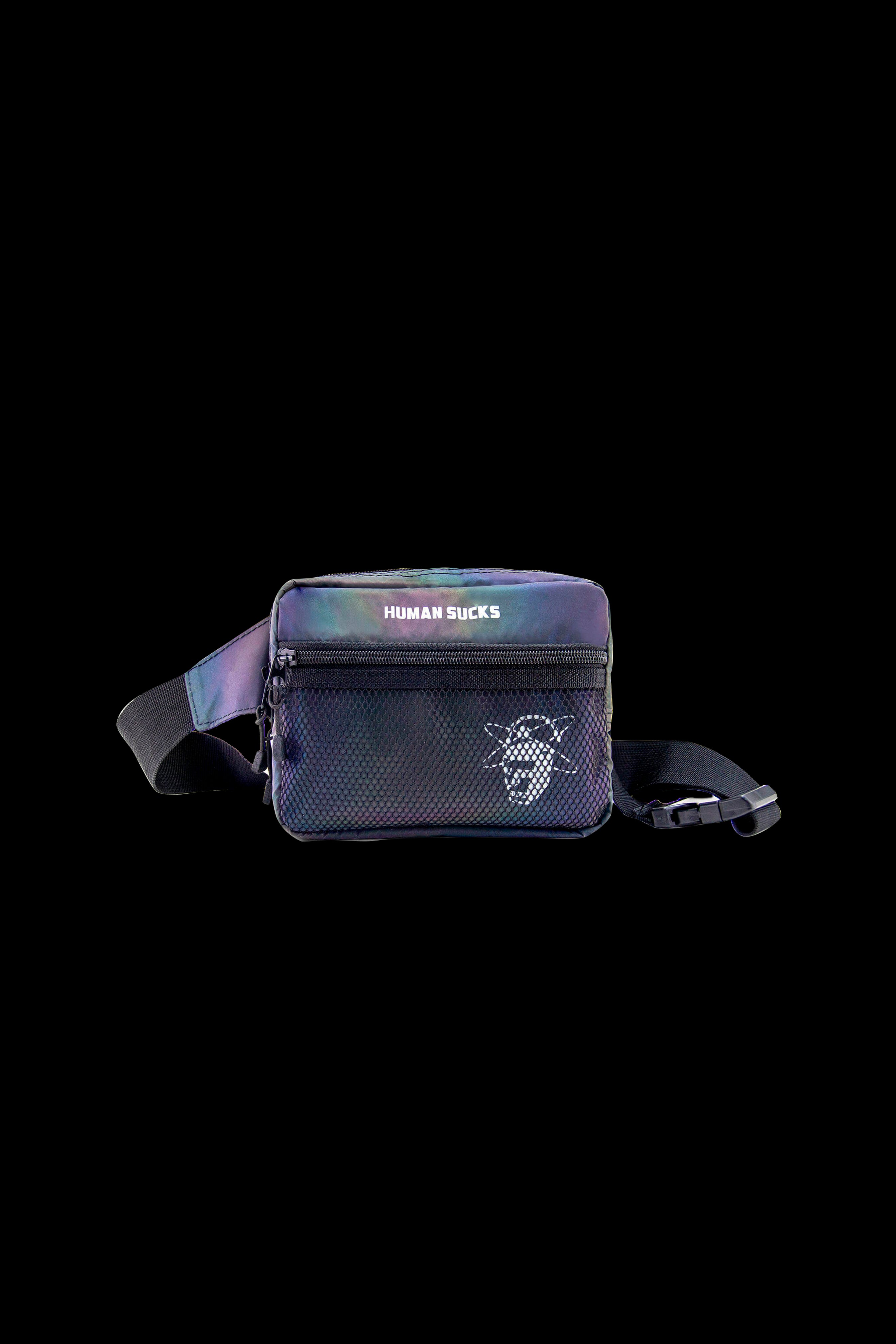 Black iridescent cannabis accessory bag with a skull graphic and “Human Sucks” text.