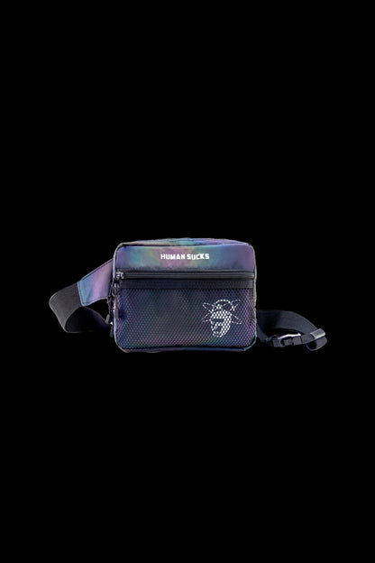 Black iridescent cannabis accessory bag with a skull graphic and “Human Sucks” text.