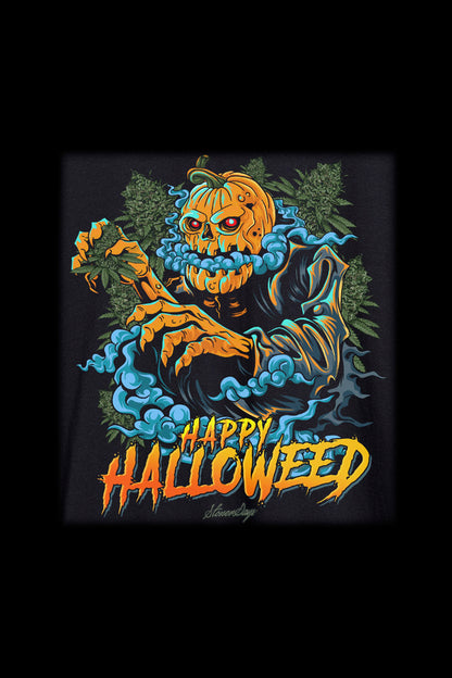 A vibrant, digitally illustrated design featuring a skeletal figure with a pumpkin head, surrounded by cannabis leaves and smoke, with the text "Happy Halloweed" in a dripping, spooky font.