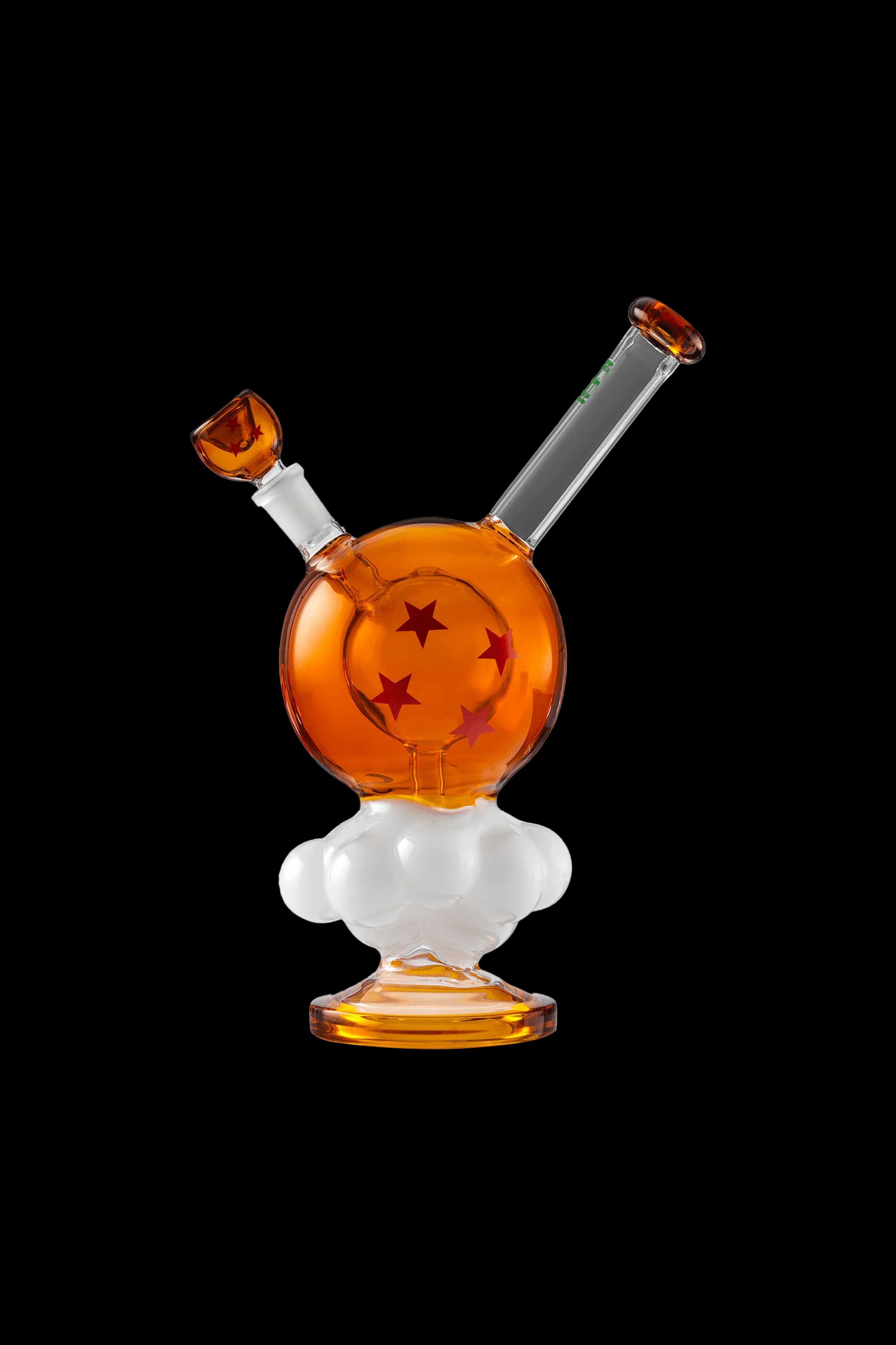 Orange glass water pipe with a bulbous chamber and white accents, studio shot on a black background.