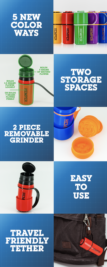 Product advertisement for Hemper grinder featuring color options, dual storage, easy use, and a travel-friendly tether.