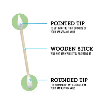 Angled close-up of a single cotton swab with pointed and rounded tips labeled, showing the Hemper Tech Cotton Buds 200ct on a white background