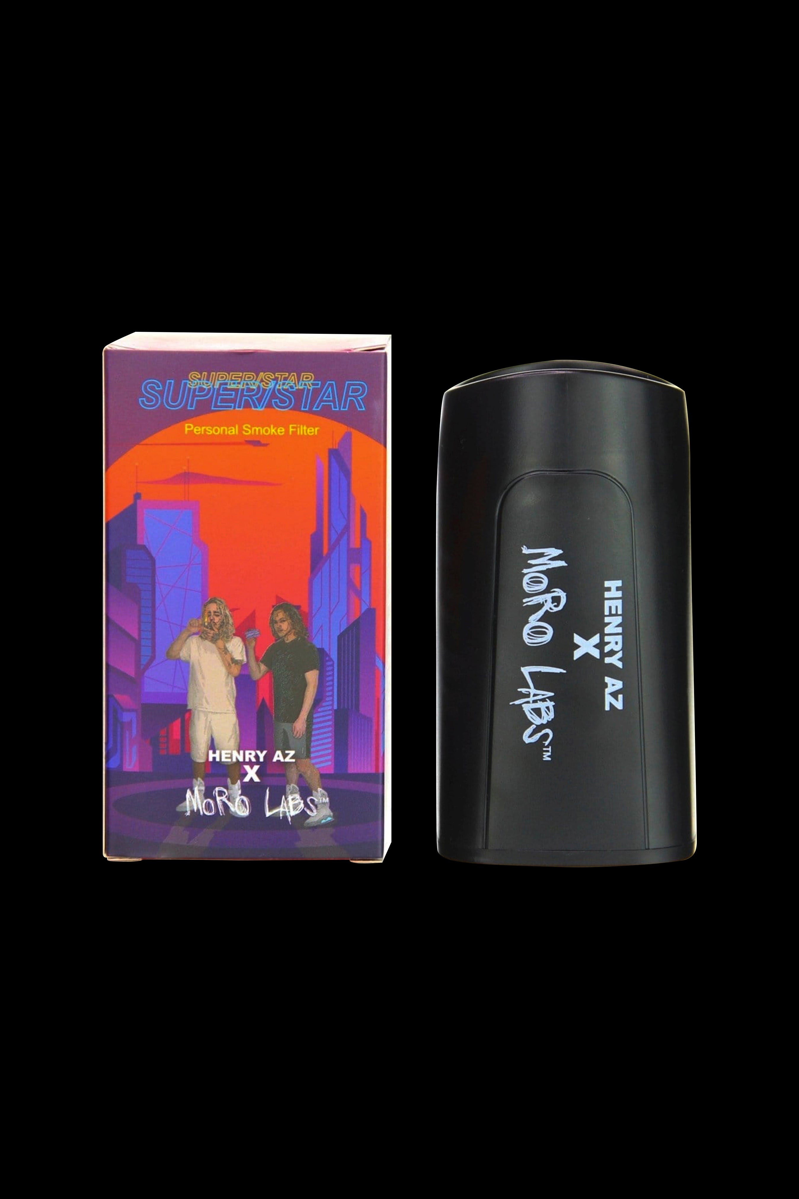 Product shot of a black “Superstar” personal smoke filter by Moro Labs x Henry AZ, presented with its boldly illustrated box.