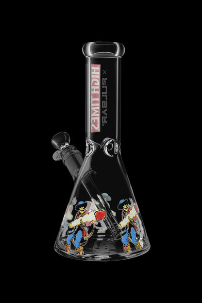 Glass bong with colorful anime-style artwork, featuring a red and black logo.