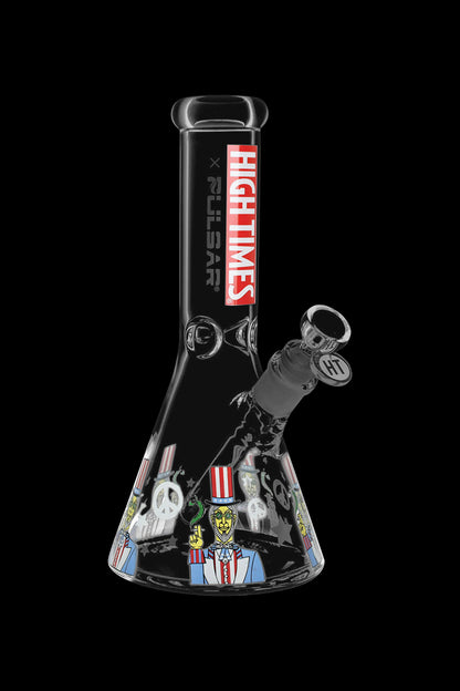 Black glass bong with colorful illustrative designs and a glass bowl, isolated on a black background.