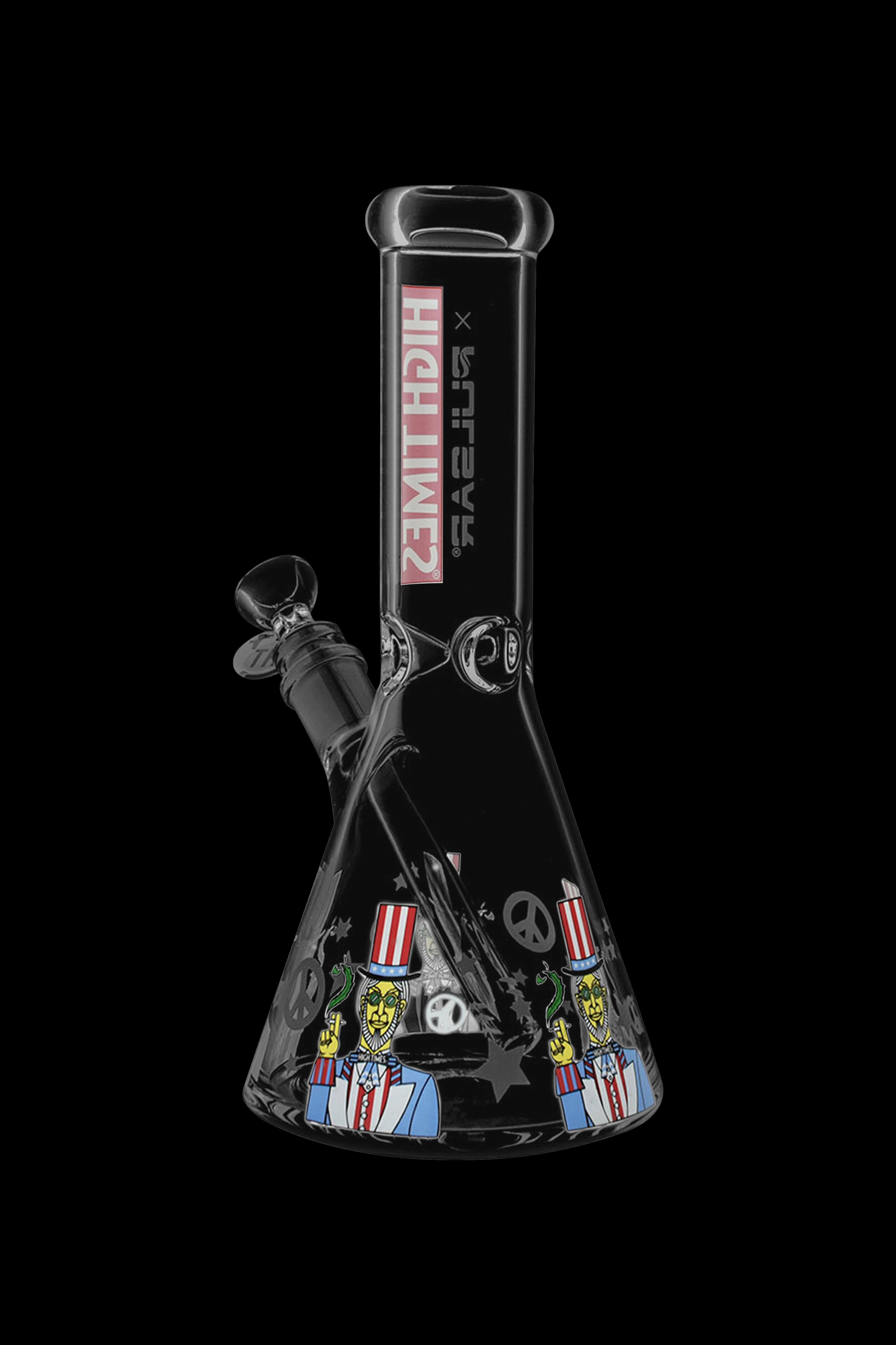 A glass bong with colorful, illustrative designs, featuring peace signs and portraits, against a black background.