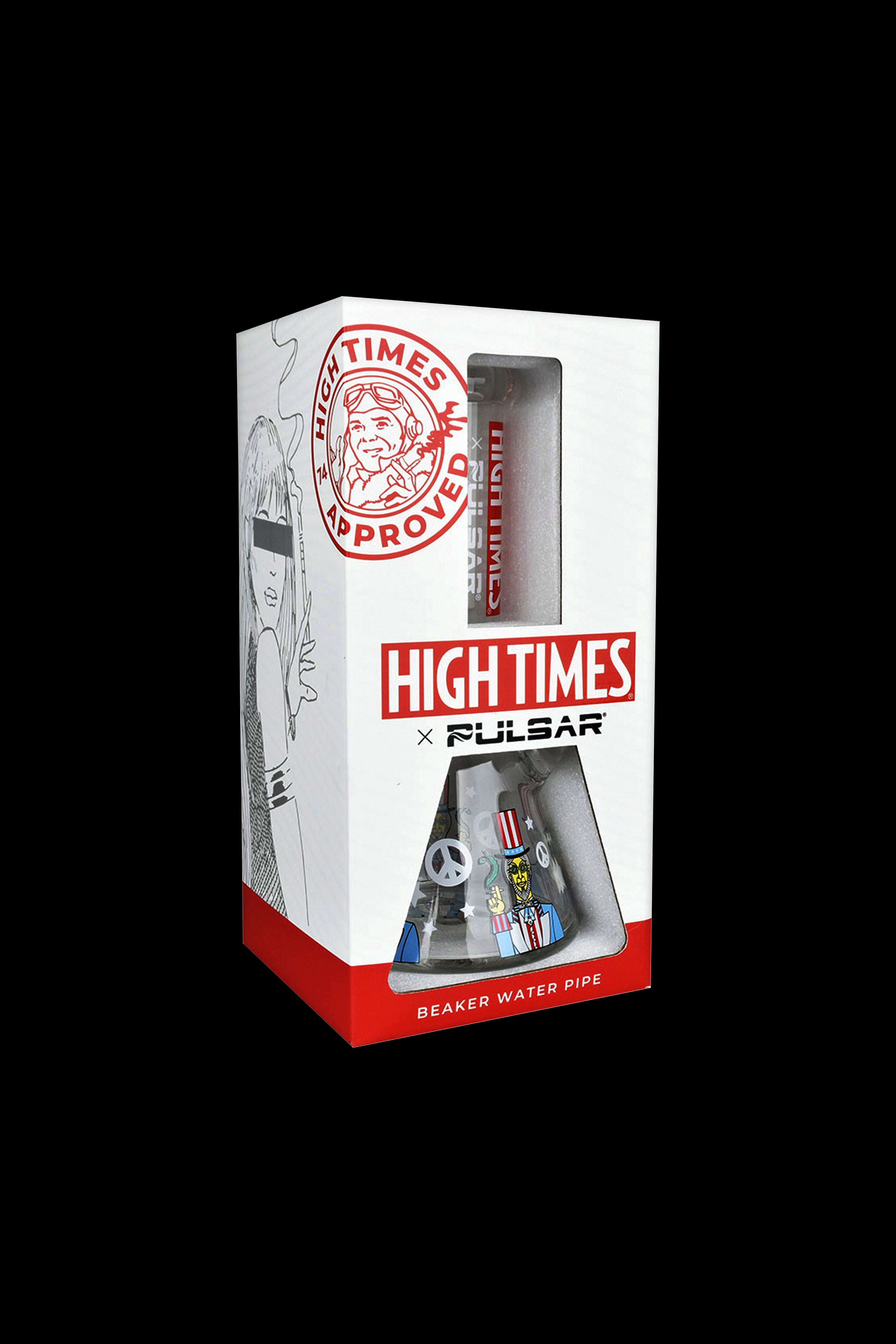 A white retail box for a “High Times x Pulsar” branded beaker water pipe, featuring colorful graphics and branding.