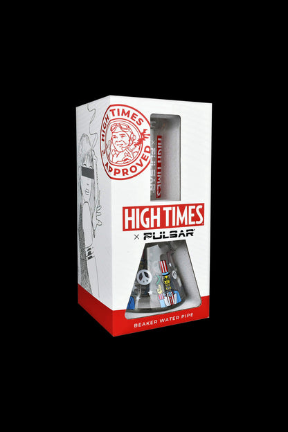 A white retail box for a “High Times x Pulsar” branded beaker water pipe, featuring colorful graphics and branding.