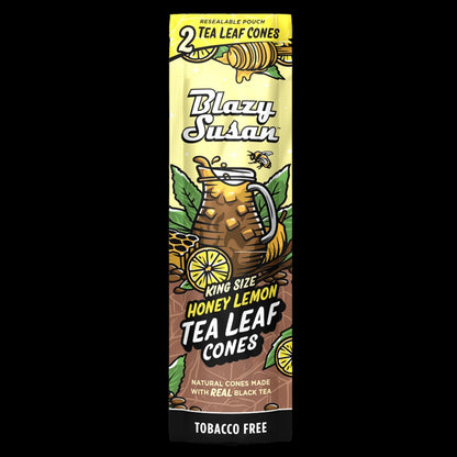 Vertical center-frontal shot of a yellow Blazy Susan Tea Leaf Cones display pouch showing honey, lemon, tea pitcher artwork and "Tobacco Free" label.