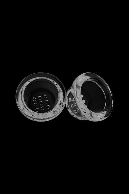 Close-up of two clear metal mesh inserts shown from above on a black background, Honeybee Herb Glass Pipe Screens - 2 Pack