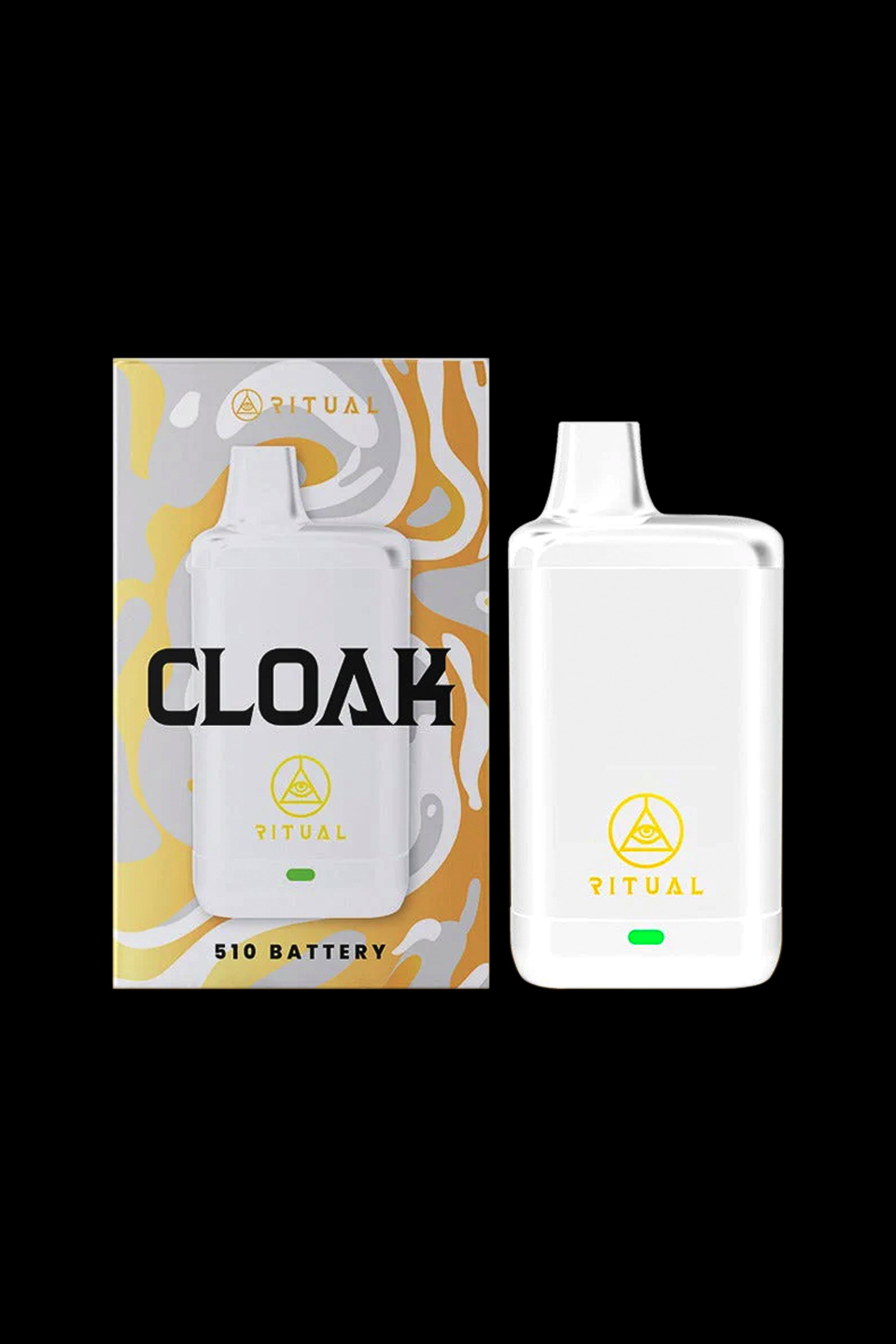 White “Cloak” 510 cannabis vape battery with packaging.