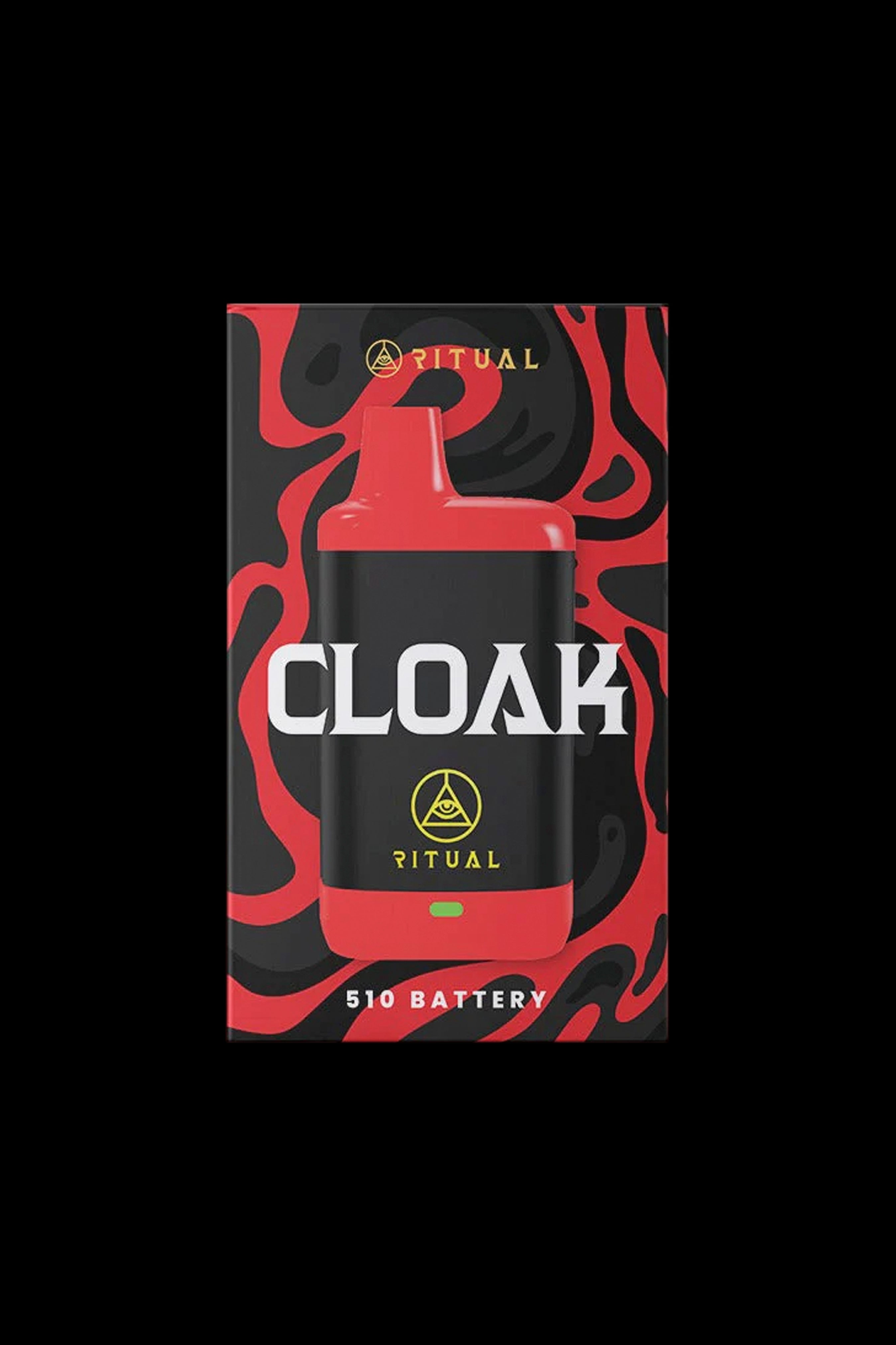 A black and red box for “Cloak” 510 cannabis vape battery by Ritual, featuring an eye-shaped logo and flame-like graphics.