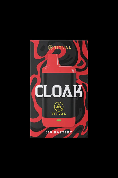 A black and red box for “Cloak” 510 cannabis vape battery by Ritual, featuring an eye-shaped logo and flame-like graphics.