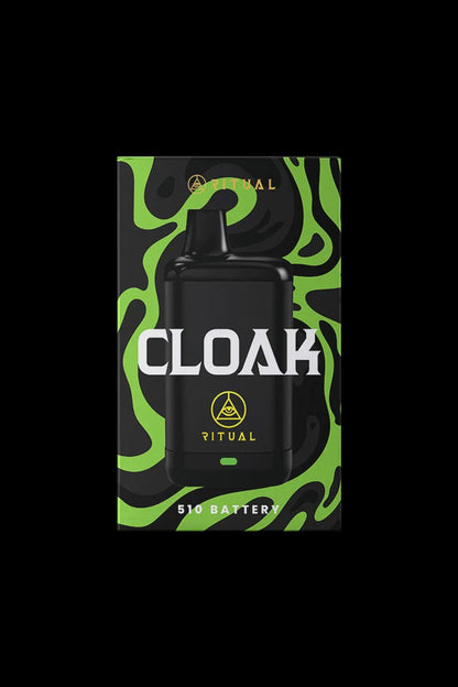 Black “Cloak” branded 510 battery for cannabis vape cartridges, featuring green, swirling, flame-like designs on the packaging.