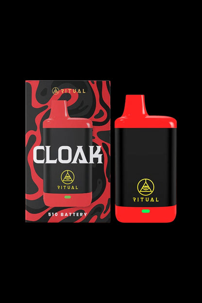 Red “Cloak” 510 battery for cannabis vape pens with a triangular eye logo.