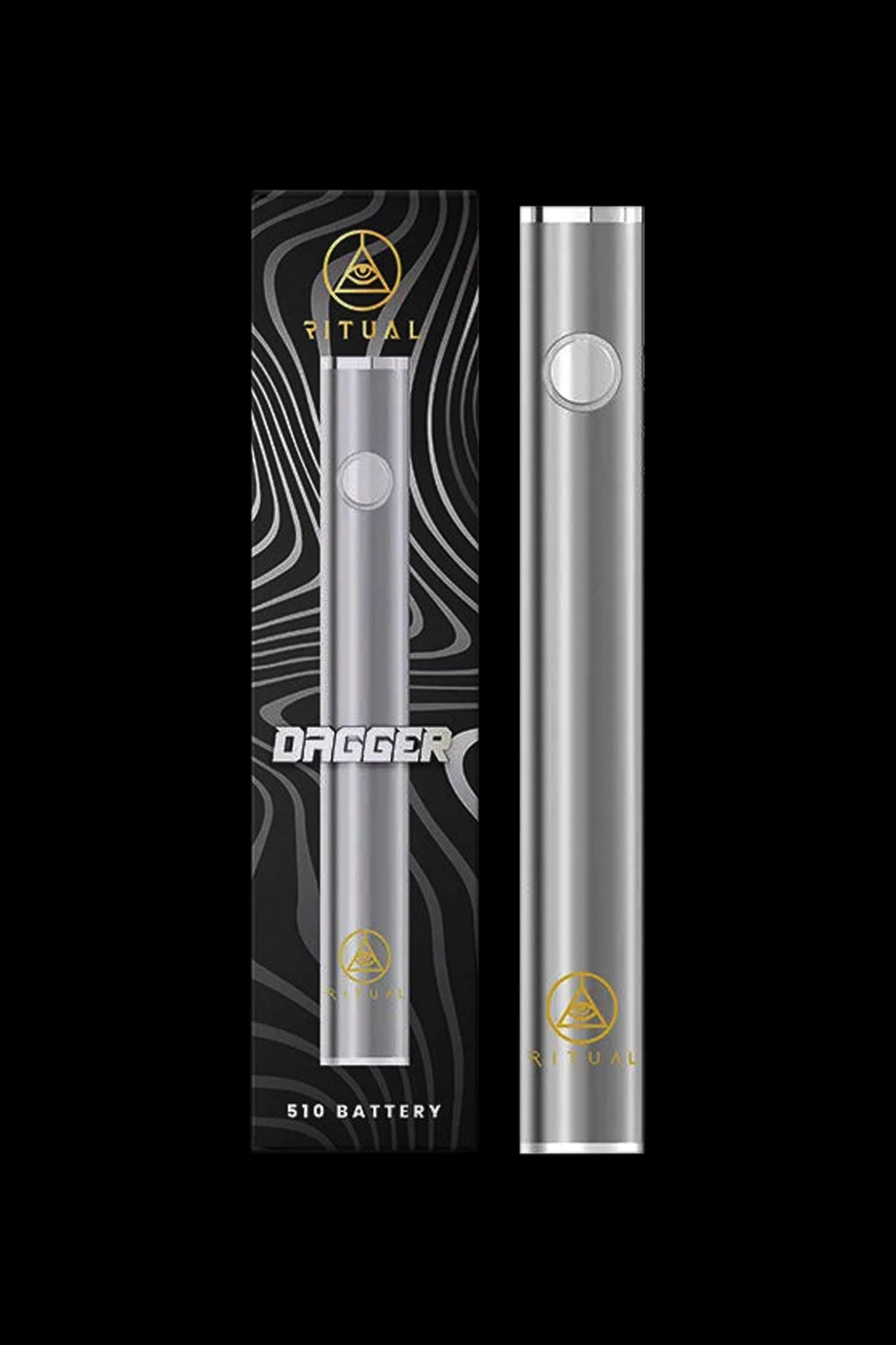 Silver “Ritual” branded 510 thread battery with ornate black packaging.