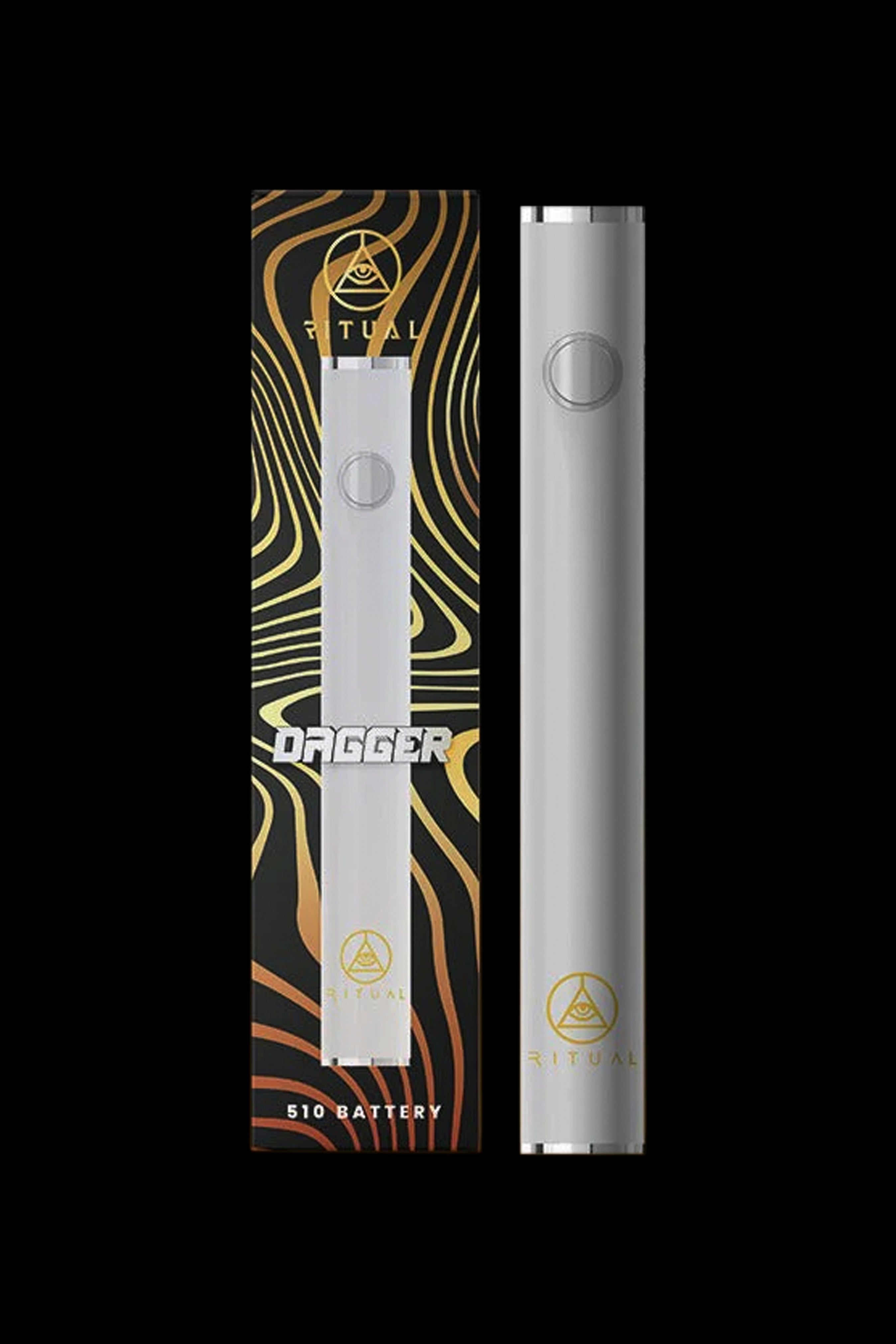 Silver 510 thread vape battery with ornate black and gold packaging, branded “Ritual Dagger.”