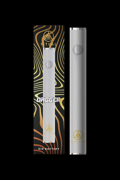 Silver 510 thread vape battery with ornate black and gold packaging, branded “Ritual Dagger.”