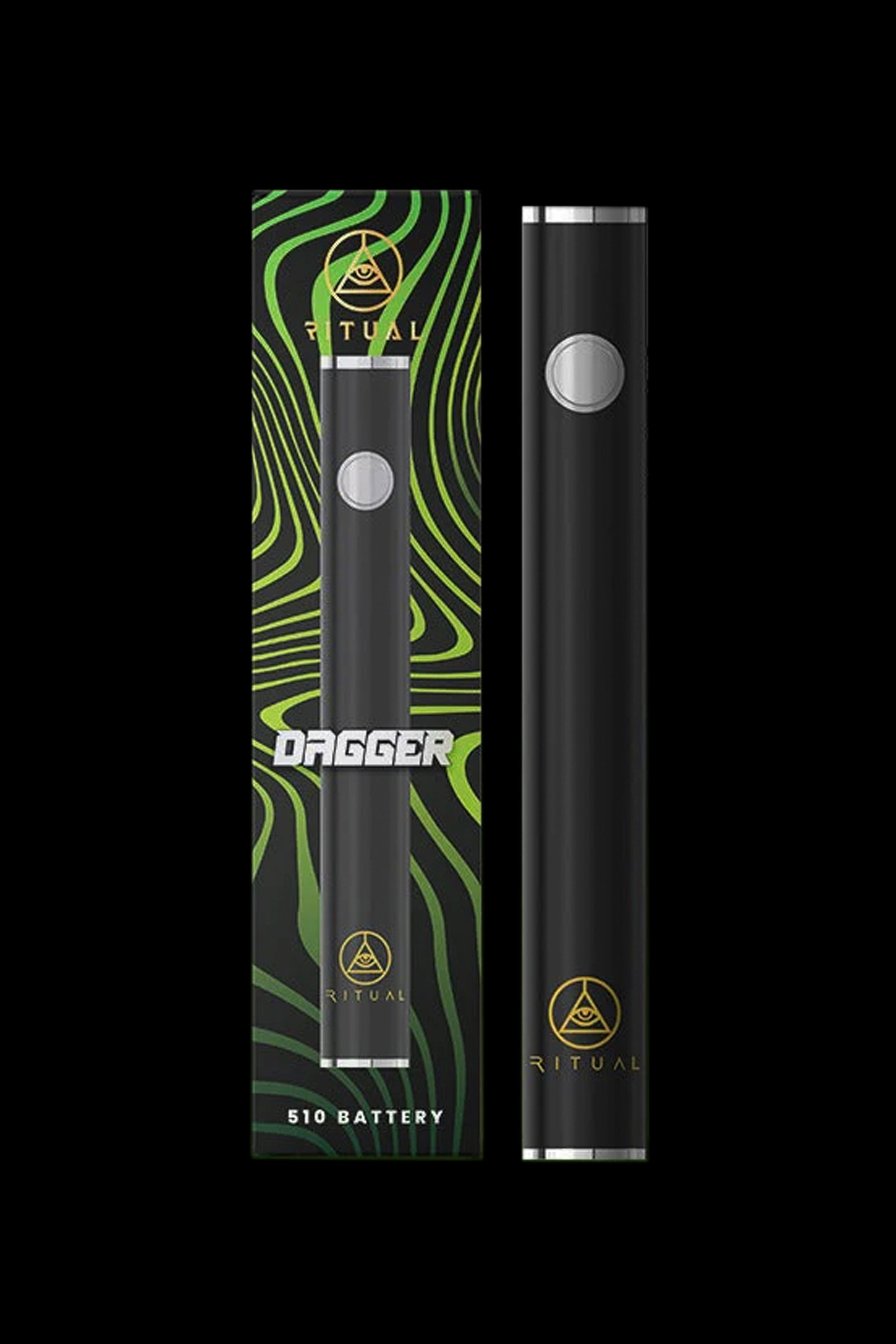 Black “Dagger” 510 cannabis vape battery with green and gold patterned packaging, displayed against a dark background.
