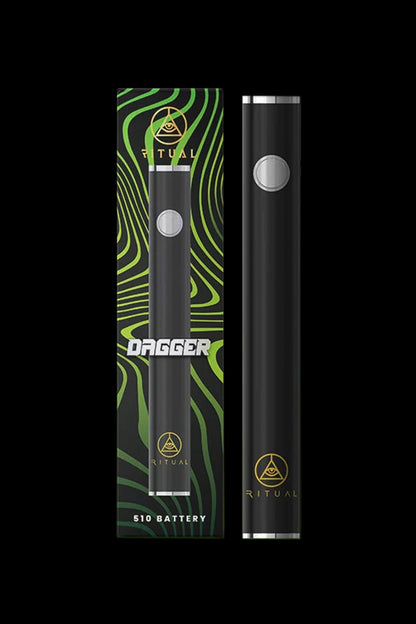 Black “Dagger” 510 cannabis vape battery with green and gold patterned packaging, displayed against a dark background.