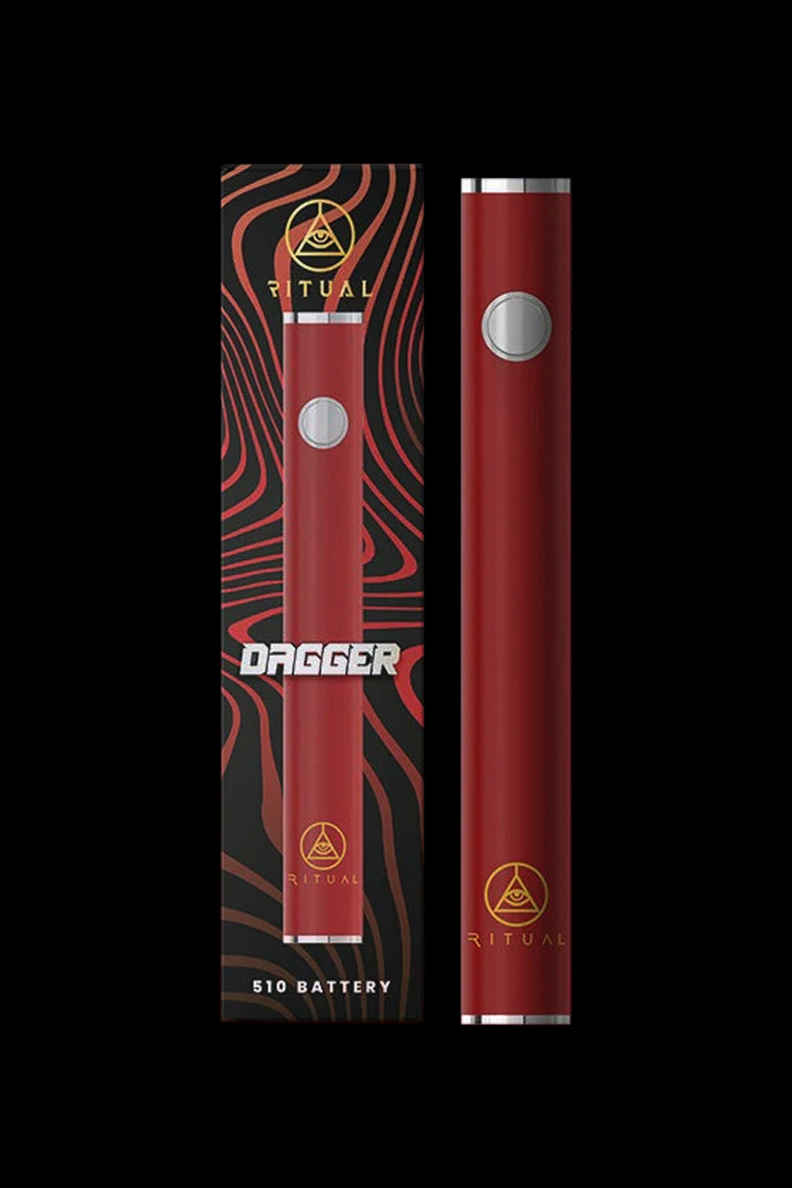 Red “Dagger” 510 cannabis vape battery with all-seeing eye logo, displayed with its packaging.