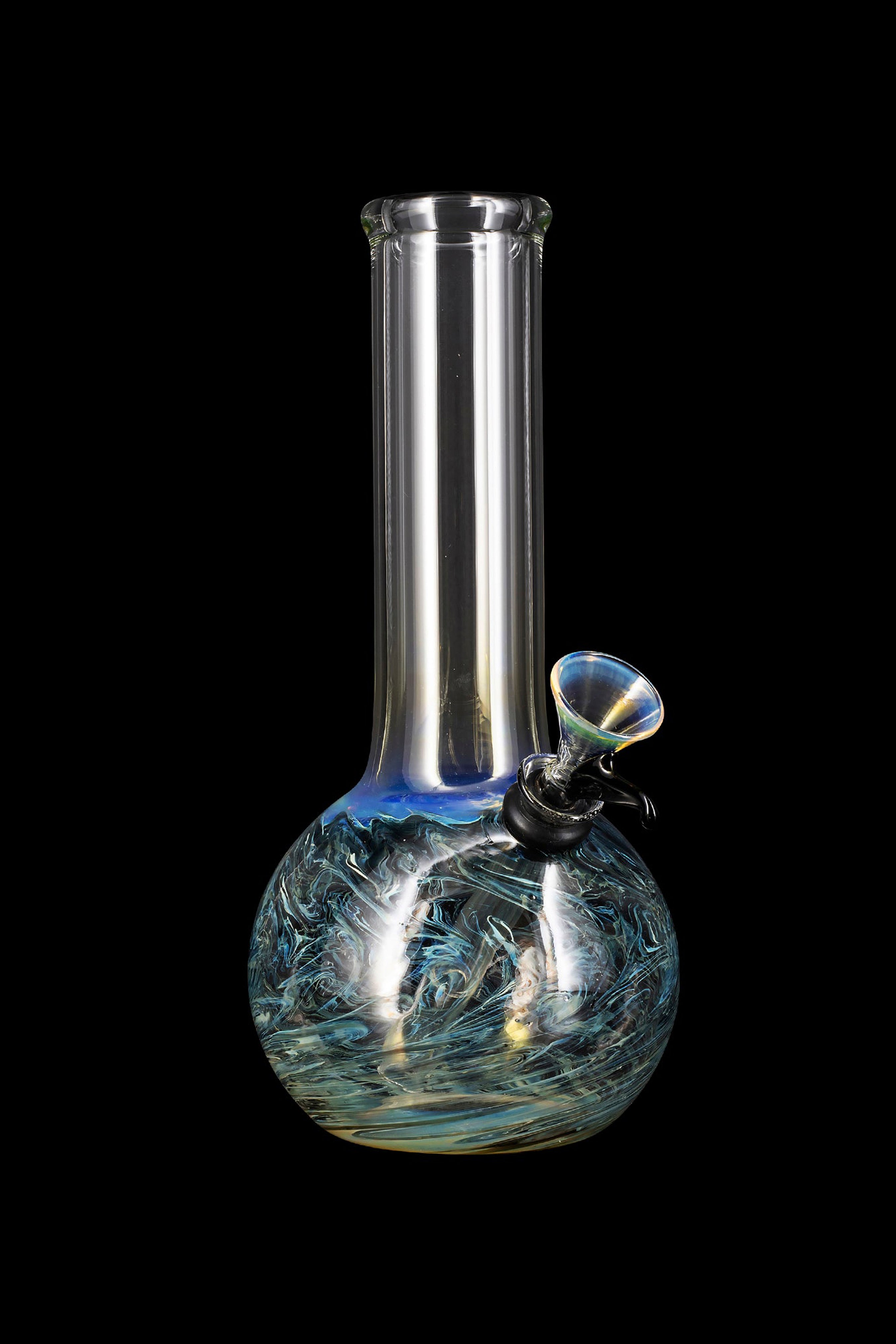 Blue and green glass water pipe (bong) with a clear cylindrical neck, isolated on a black background.