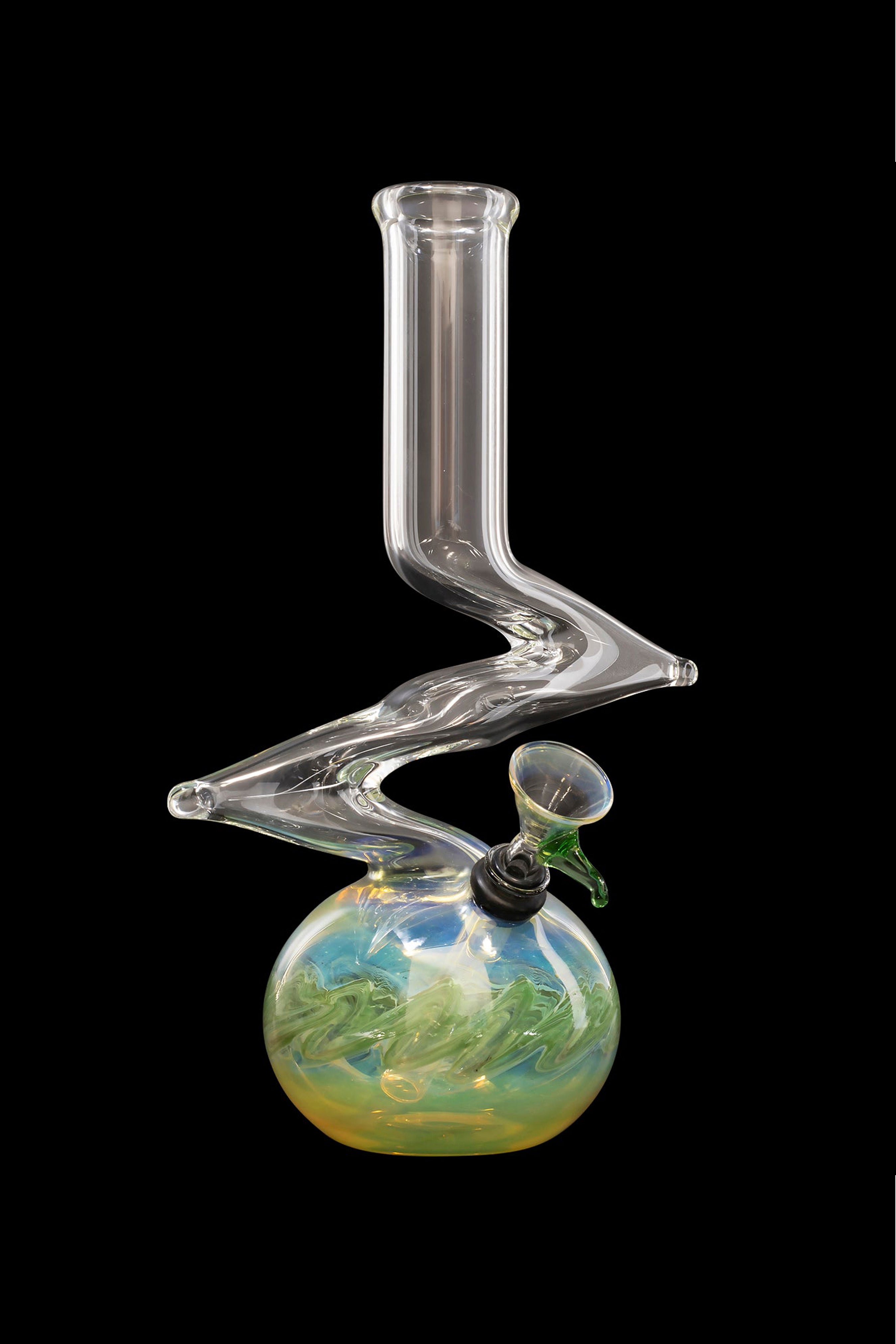 Glass water pipe with swirling green and blue glass base.