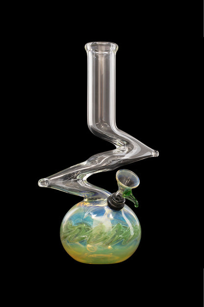 Glass water pipe with swirling green and blue glass base.